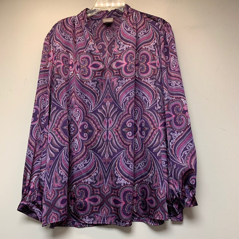 Chico's Blouse Womens 3 Purple XL Paisley V-Neck Excellent Long Sleeve Pullover